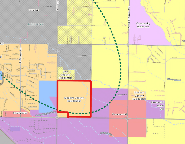 The proposed Toll Brothers site overlaid on the City of Nampa Future Land Use Map (FLUM).